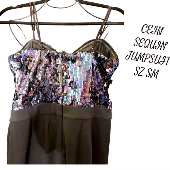 SEQUIN TOP JUMPSUIT SZ SM SILKY WITH SPAGHETTI STRAPS ZIP UP BACK Good Stretch - Picture 11 of 12